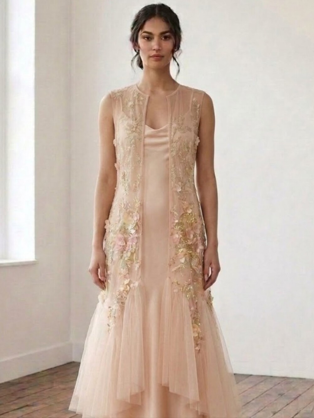 BCBG Maxazria Champagne Floral Applique Tulle Party Dress Cover, OS